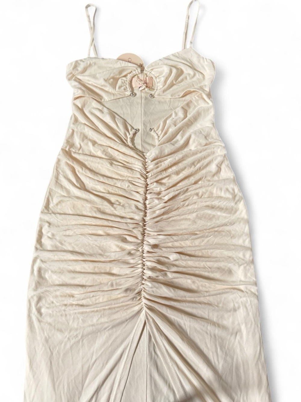 Camila Coelho Yasmeen Midi Dress in Beige Ruched Cutout Wedding Party XS NWT - Picture 4 of 8